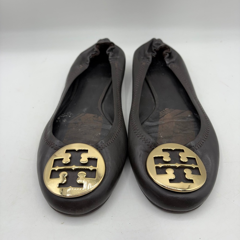 Tory Burch Reva Ballet Flats Brown Leather Gold Logo Medallion Scrunch Back 8.5